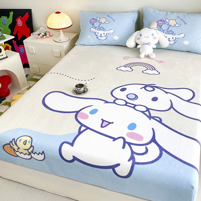 91家纺网 家纺一手货源 找家纺 米帛家纺 2024新款A类三丽鸥卡通床笠单件床罩冬季加厚牛奶绒床垫保护罩全包床单套 彩虹玉桂狗