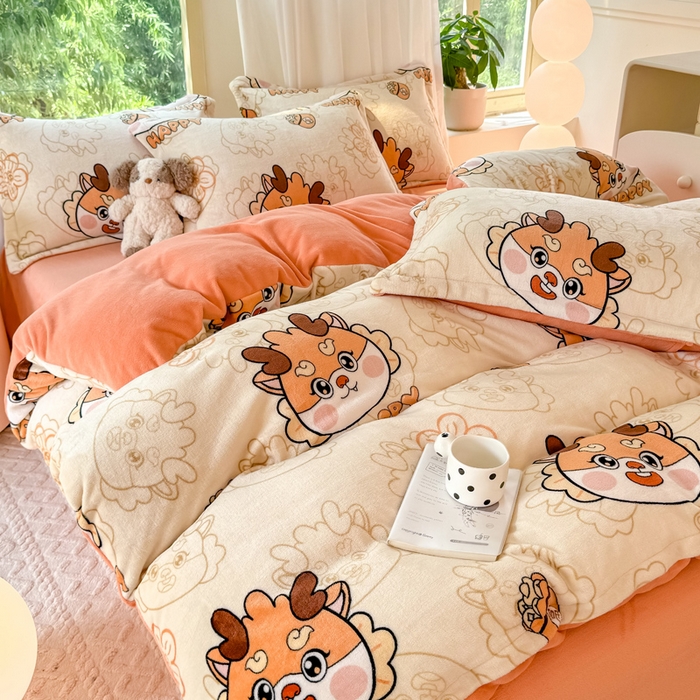 91家纺网 家纺一手货源 找家纺 富之航家纺 2024新款高克重小清新牛奶绒四件套 梦幻龙