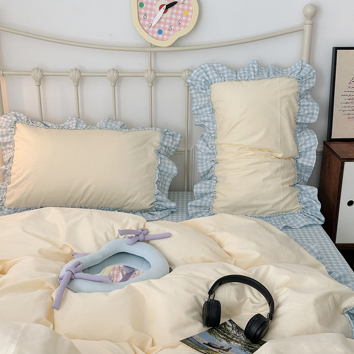 91家纺网 家纺一手货源 找家纺 2024新款花边奶油格子全棉混搭款四件套 奶酪芝士