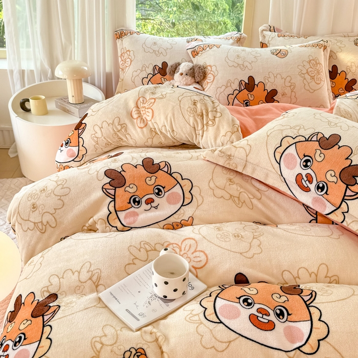 91家纺网 家纺一手货源 找家纺 富之航家纺 2024新款高克重小清新牛奶绒四件套 梦幻龙