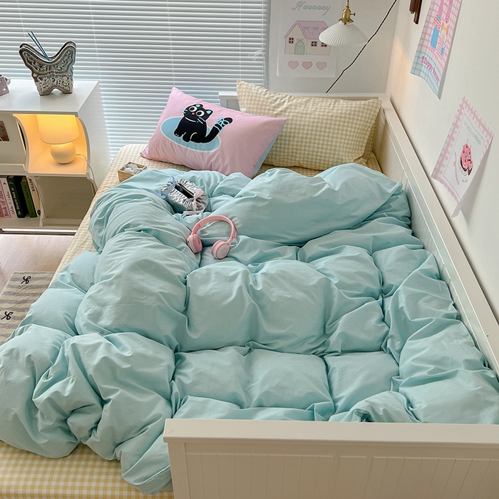 91家纺网 家纺一手货源 找家纺 2024新款全棉纯色大版枕套混搭款四件套 海盐苏打