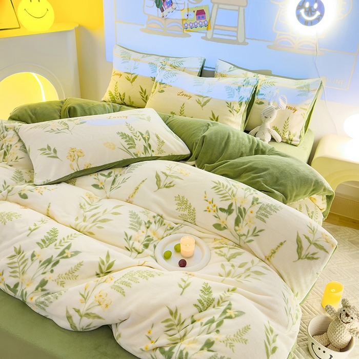 91家纺网 家纺一手货源 找家纺 2024新款抗静电加厚牛奶绒印花四件套 花叶漫舞