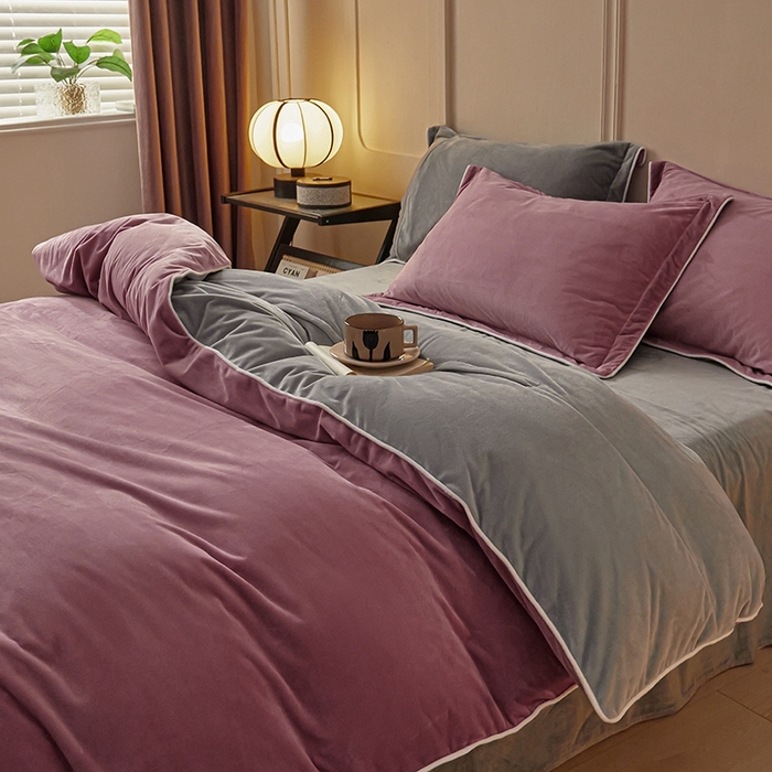 91家纺网 家纺一手货源 找家纺 澳梵家居 澳梵家居 2024新款A类宝宝绒嵌绳款四件套--【雅致系列】 葡萄紫+灰