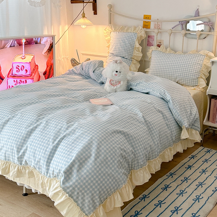 91家纺网 家纺一手货源 找家纺 2024新款花边奶油格子全棉混搭款四件套 茉香蓝格