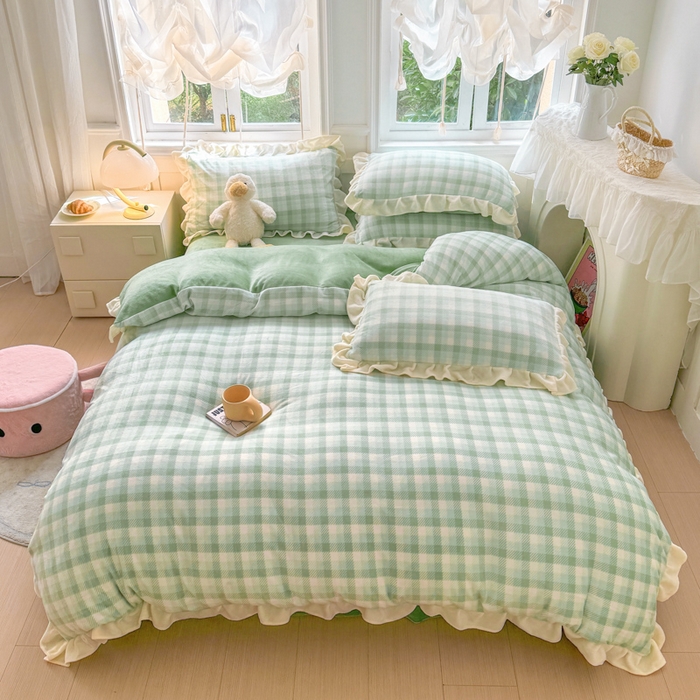 91家纺网 家纺一手货源 找家纺 2024新款高克重韩版牛奶绒四件套-奶油格子系列 奶油绿格