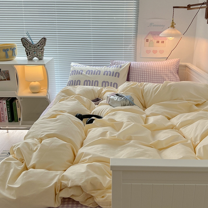 91家纺网 家纺一手货源 找家纺 2024新款全棉纯色大版枕套混搭款四件套 芋泥奶芙