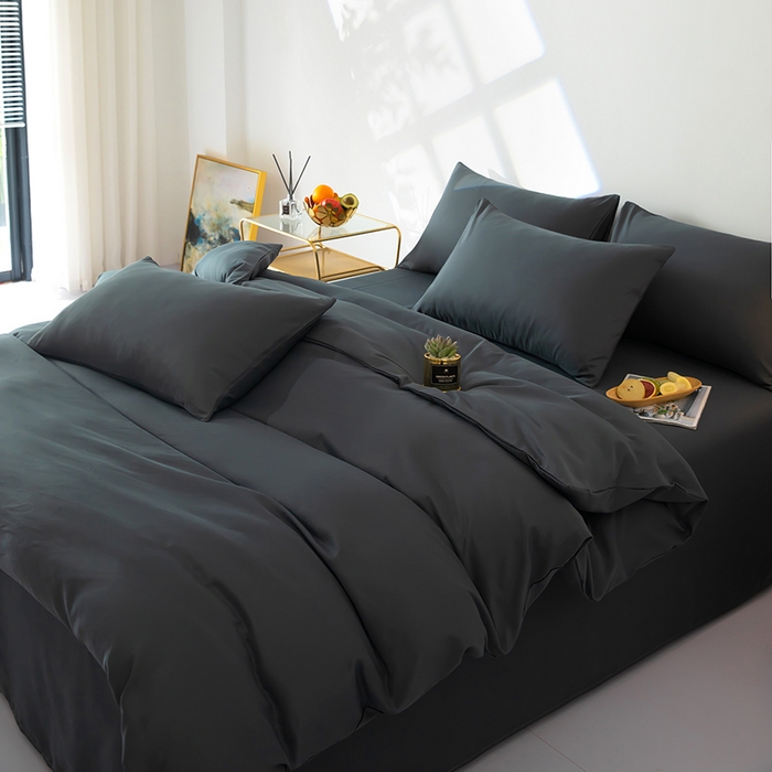 91家纺网 家纺一手货源 找家纺 梓依家纺 2024新款亲肤磨毛纯色拼色轻奢系列四件套 深灰