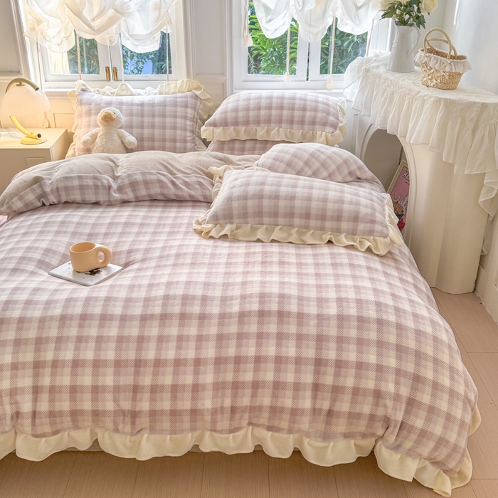 91家纺网 家纺一手货源 找家纺 2024新款高克重韩版牛奶绒四件套-奶油格子系列 奶油灰咖格