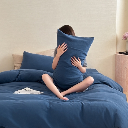 91家纺网 家纺一手货源 找家纺 （总）山舍家居 2024新款全棉极简皱皱双层纱纯色四件套