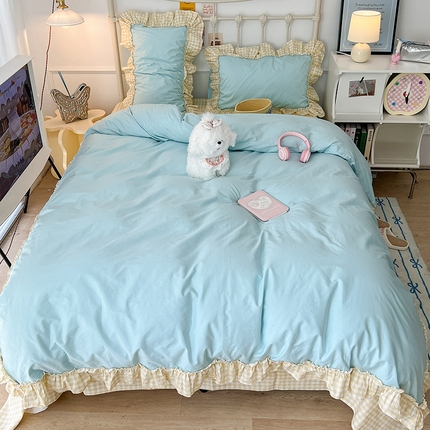 （总）2024新款花边奶油格子全棉混搭款四件套