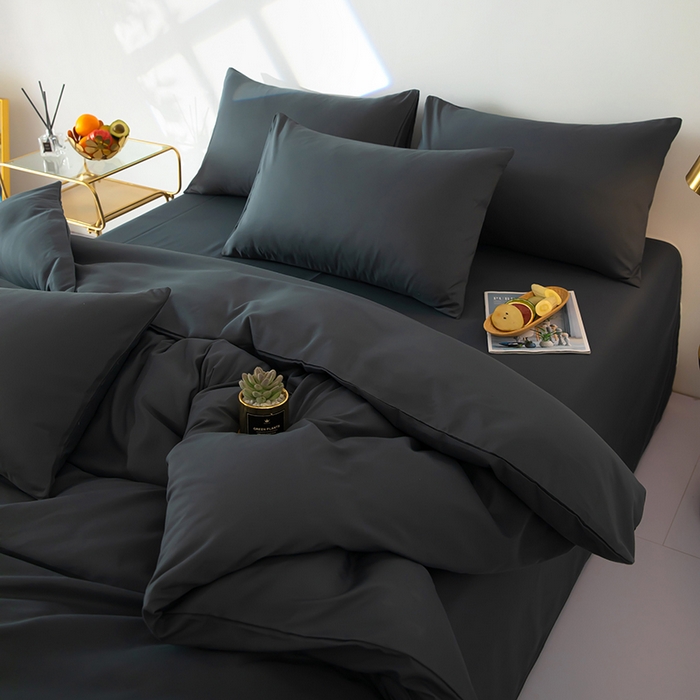 91家纺网 家纺一手货源 找家纺 梓依家纺 2024新款亲肤磨毛纯色拼色轻奢系列四件套 深灰