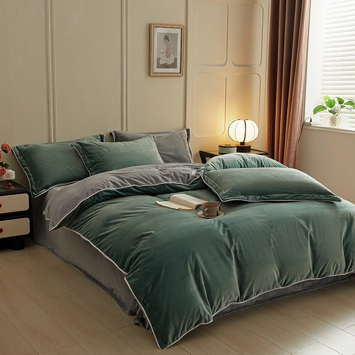 91家纺网 家纺一手货源 找家纺 澳梵家居 澳梵家居 2024新款A类宝宝绒嵌绳款四件套--【雅致系列】 荷叶绿+灰