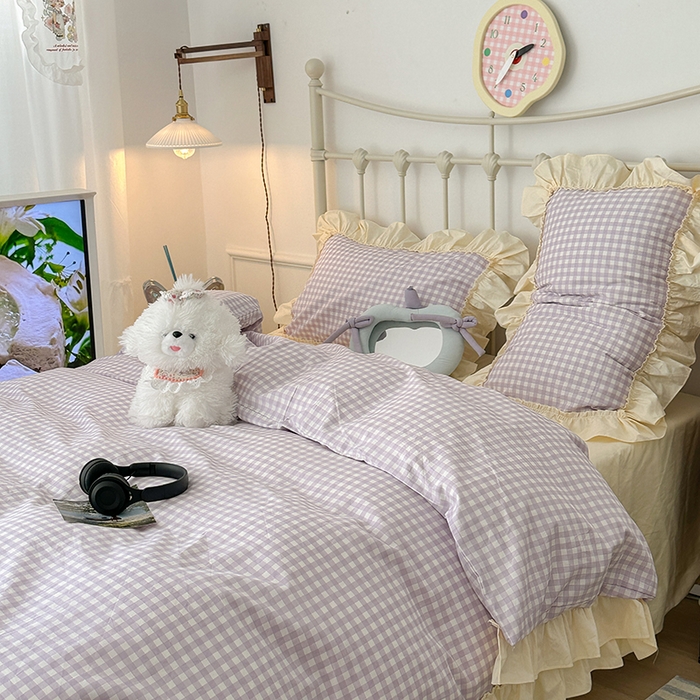 91家纺网 家纺一手货源 找家纺 2024新款花边奶油格子全棉混搭款四件套 香芋紫格