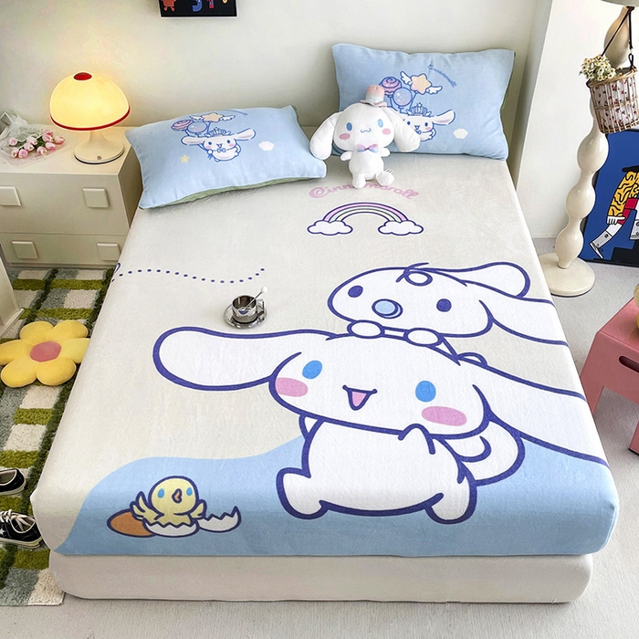 91家纺网 家纺一手货源 找家纺 米帛家纺 2024新款A类三丽鸥卡通床笠单件床罩冬季加厚牛奶绒床垫保护罩全包床单套 彩虹玉桂狗