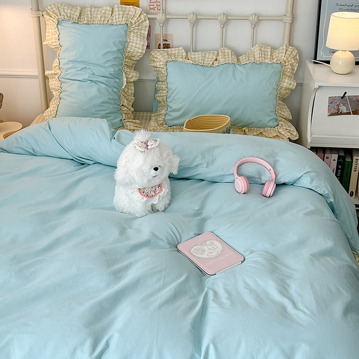 91家纺网 家纺一手货源 找家纺 2024新款花边奶油格子全棉混搭款四件套 海盐青柠