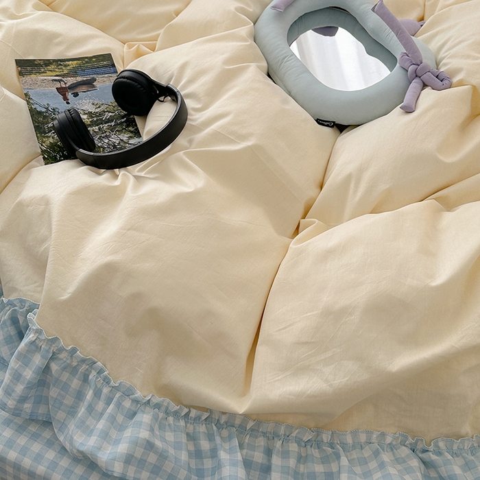 91家纺网 家纺一手货源 找家纺 2024新款花边奶油格子全棉混搭款四件套 奶酪芝士