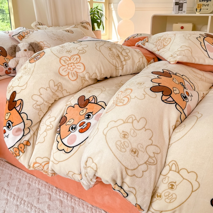 91家纺网 家纺一手货源 找家纺 富之航家纺 2024新款高克重小清新牛奶绒四件套 梦幻龙