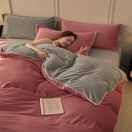 91家纺网 家纺一手货源 找家纺 澳梵家居 澳梵家居 2024新款A类宝宝绒嵌绳款四件套--【雅致系列】 晨曦红+米灰