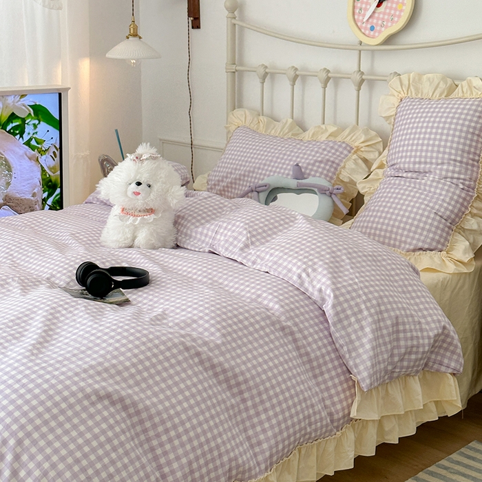 91家纺网 家纺一手货源 找家纺 2024新款花边奶油格子全棉混搭款四件套 香芋紫格