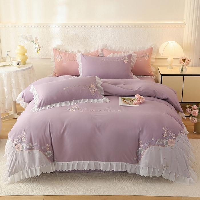 91家纺网 家纺一手货源 找家纺 艾米家居 2025新款秋冬加厚铂金磨毛刺绣花边四件套-花涧 花涧-香芋紫