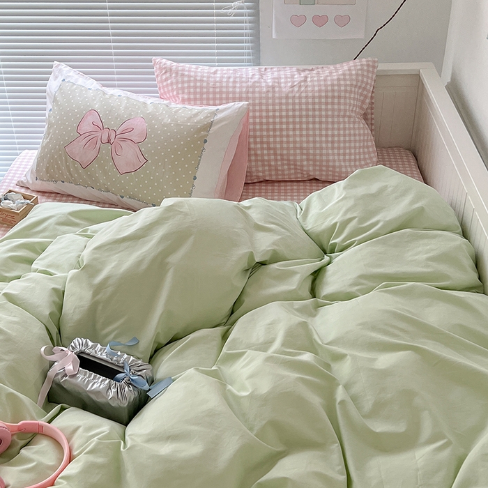 91家纺网 家纺一手货源 找家纺 2024新款全棉纯色大版枕套混搭款四件套 薄荷甜心