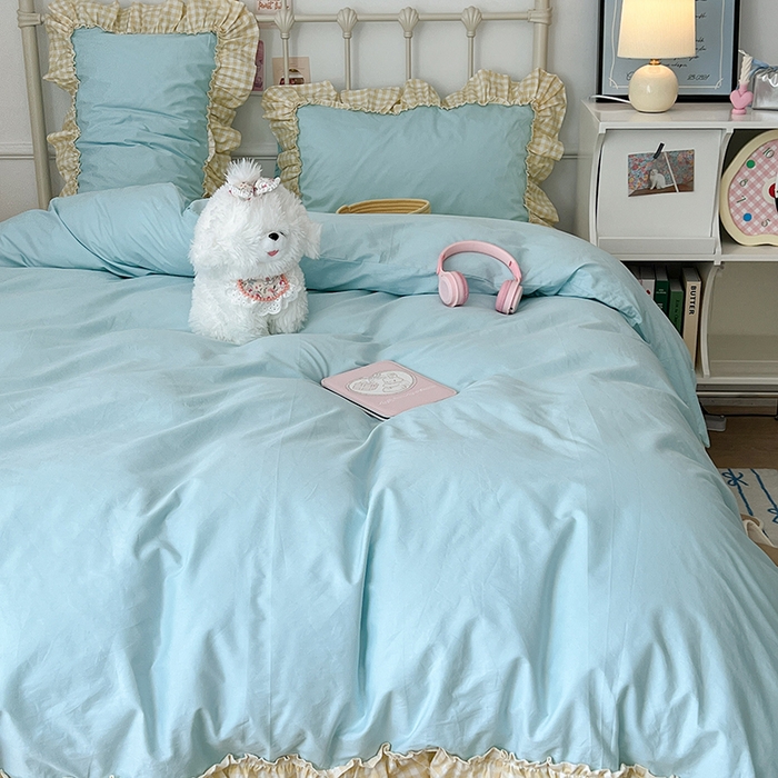 91家纺网 家纺一手货源 找家纺 2024新款花边奶油格子全棉混搭款四件套 海盐青柠