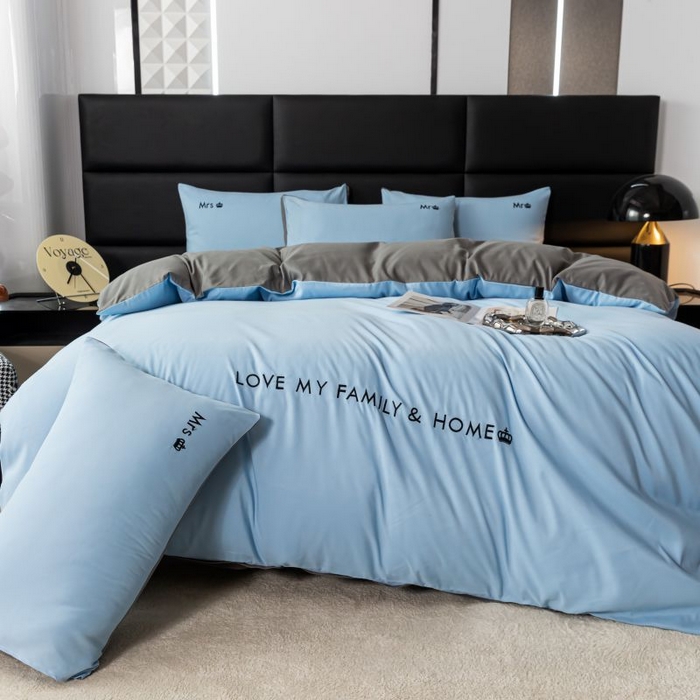 91家纺网 家纺一手货源 找家纺 梓依家纺 2024新款AB版磨毛刺绣四件套 天空蓝