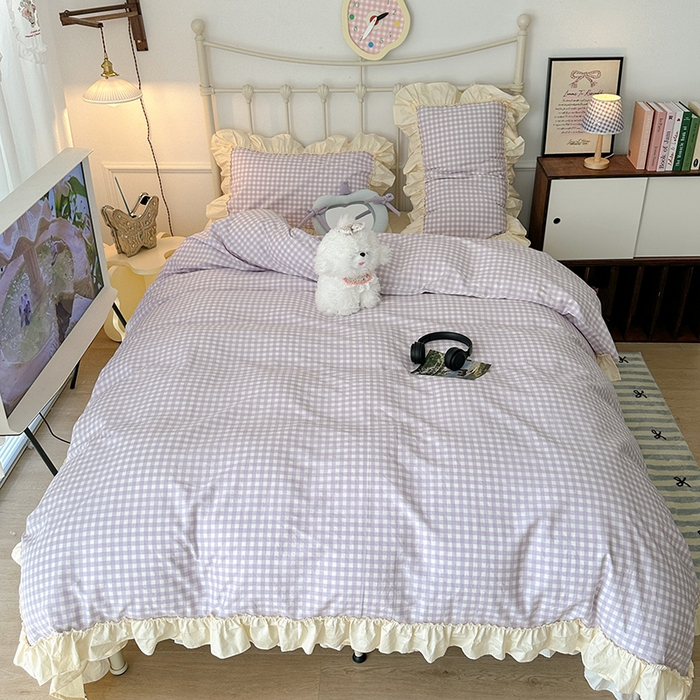 91家纺网 家纺一手货源 找家纺 2024新款花边奶油格子全棉混搭款四件套 香芋紫格