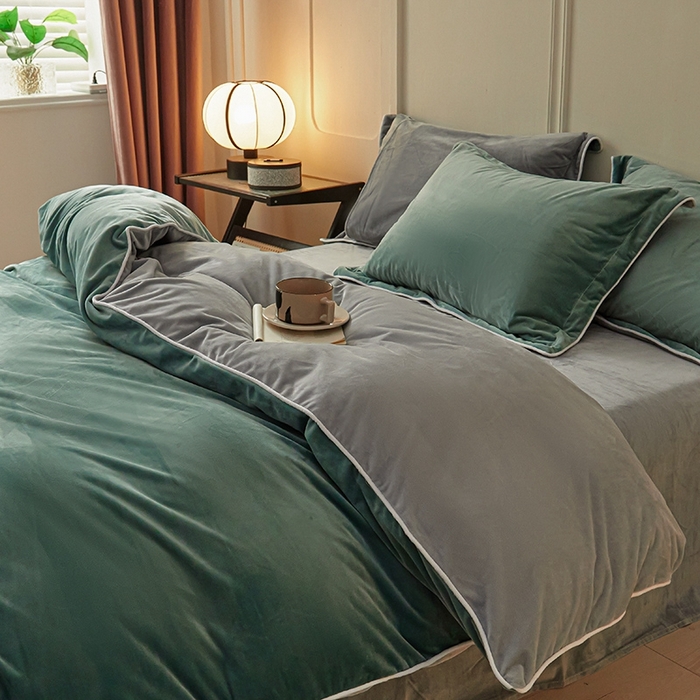 91家纺网 家纺一手货源 找家纺 澳梵家居 澳梵家居 2024新款A类宝宝绒嵌绳款四件套--【雅致系列】 荷叶绿+灰