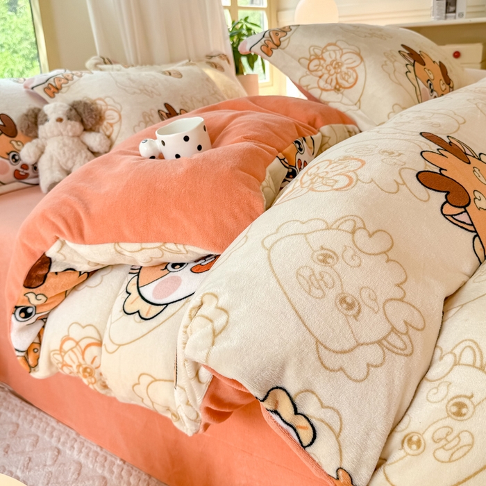 91家纺网 家纺一手货源 找家纺 富之航家纺 2024新款高克重小清新牛奶绒四件套 梦幻龙