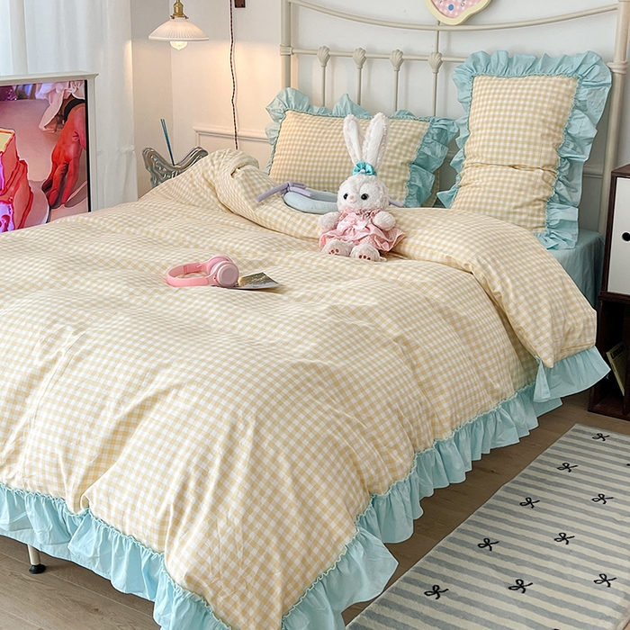 91家纺网 家纺一手货源 找家纺 2024新款花边奶油格子全棉混搭款四件套 柠檬黄格