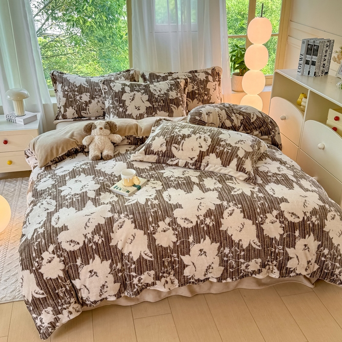 91家纺网 家纺一手货源 找家纺 富之航家纺 2024新款高克重小清新牛奶绒四件套 繁花似锦