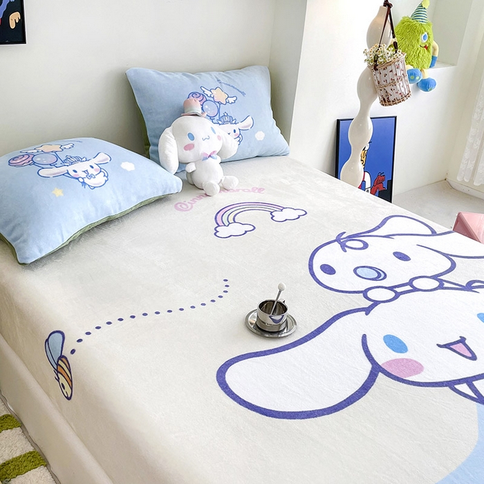 91家纺网 家纺一手货源 找家纺 米帛家纺 2024新款A类三丽鸥卡通床笠单件床罩冬季加厚牛奶绒床垫保护罩全包床单套 彩虹玉桂狗