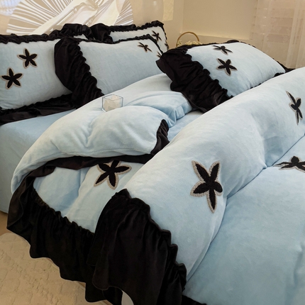 你好美丽 2025新款牛奶绒A类200克星愿毛巾绣花边四件套 星愿蓝