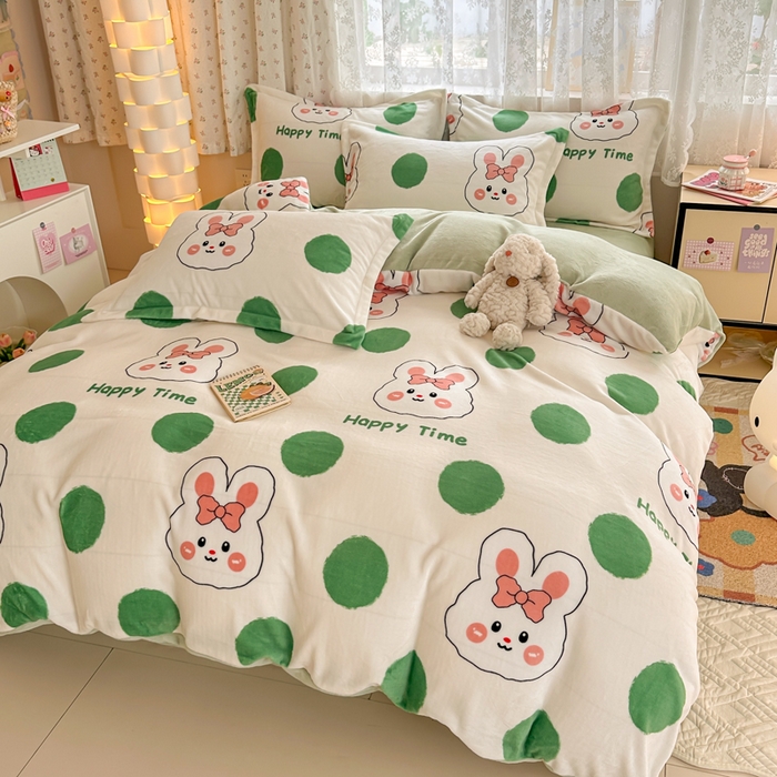 91家纺网 家纺一手货源 找家纺 全季家居 2024新款A类小清新印花牛奶绒高克重加厚保暖四件套 点点兔