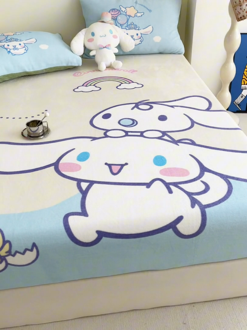 91家纺网 家纺一手货源 找家纺 米帛家纺 2024新款A类三丽鸥卡通床笠单件床罩冬季加厚牛奶绒床垫保护罩全包床单套 彩虹玉桂狗