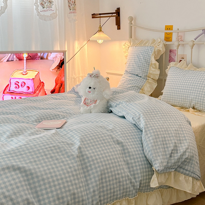 91家纺网 家纺一手货源 找家纺 2024新款花边奶油格子全棉混搭款四件套 茉香蓝格