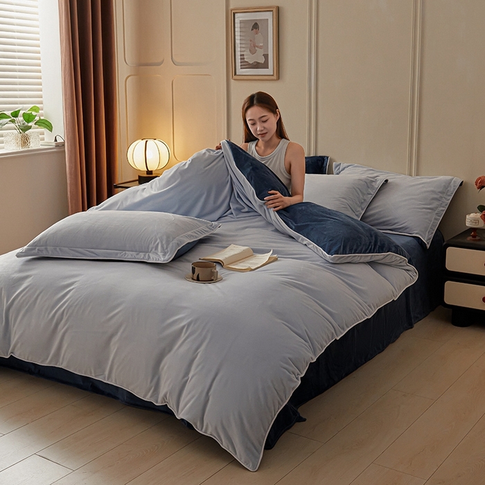 91家纺网 家纺一手货源 找家纺 澳梵家居 澳梵家居 2024新款A类宝宝绒嵌绳款四件套--【雅致系列】 浅灰+深蓝