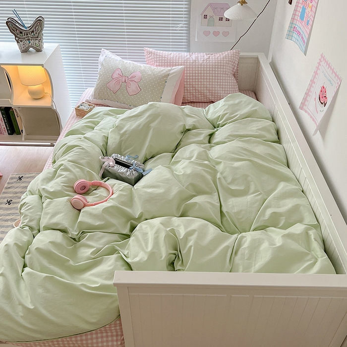 91家纺网 家纺一手货源 找家纺 2024新款全棉纯色大版枕套混搭款四件套 薄荷甜心