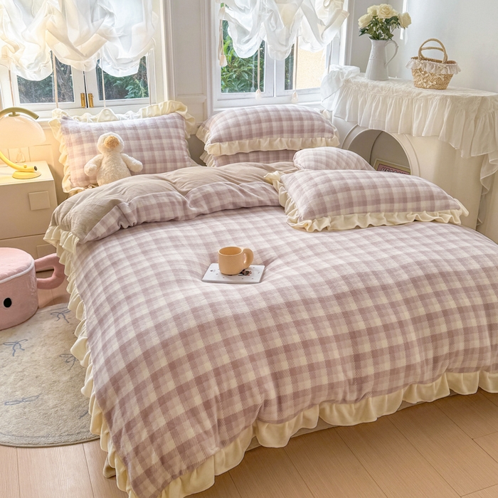 91家纺网 家纺一手货源 找家纺 2024新款高克重韩版牛奶绒四件套-奶油格子系列 奶油灰咖格