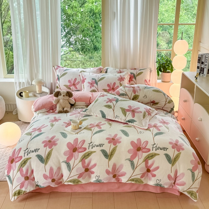 91家纺网 家纺一手货源 找家纺 富之航家纺 2024新款高克重小清新牛奶绒四件套 沐颜