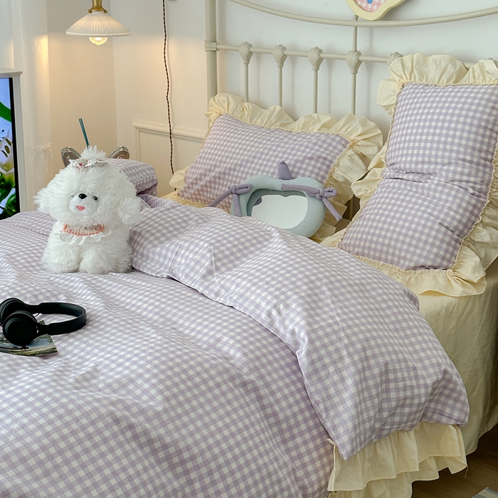 91家纺网 家纺一手货源 找家纺 2024新款花边奶油格子全棉混搭款四件套 香芋紫格