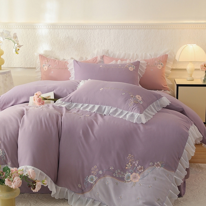 91家纺网 家纺一手货源 找家纺 艾米家居 2025新款秋冬加厚铂金磨毛刺绣花边四件套-花涧 花涧-香芋紫