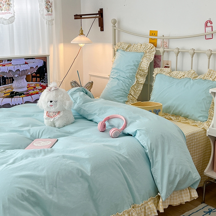 91家纺网 家纺一手货源 找家纺 2024新款花边奶油格子全棉混搭款四件套 海盐青柠