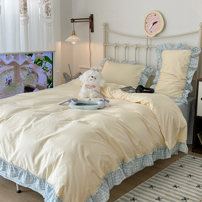 91家纺网 家纺一手货源 找家纺 2024新款花边奶油格子全棉混搭款四件套 奶酪芝士