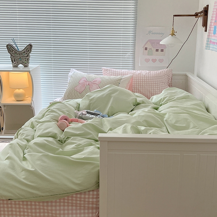 91家纺网 家纺一手货源 找家纺 2024新款全棉纯色大版枕套混搭款四件套 薄荷甜心