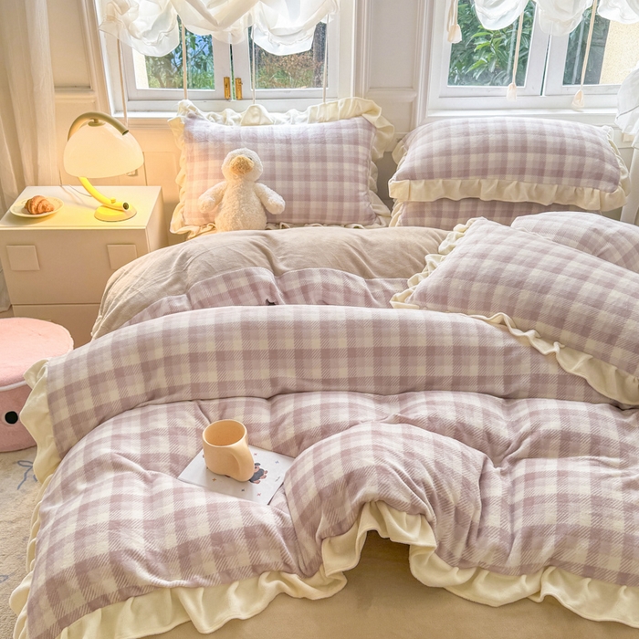 91家纺网 家纺一手货源 找家纺 2024新款高克重韩版牛奶绒四件套-奶油格子系列 奶油灰咖格