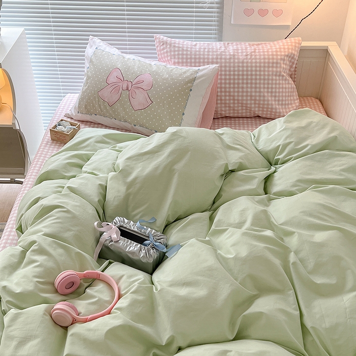 91家纺网 家纺一手货源 找家纺 2024新款全棉纯色大版枕套混搭款四件套 薄荷甜心