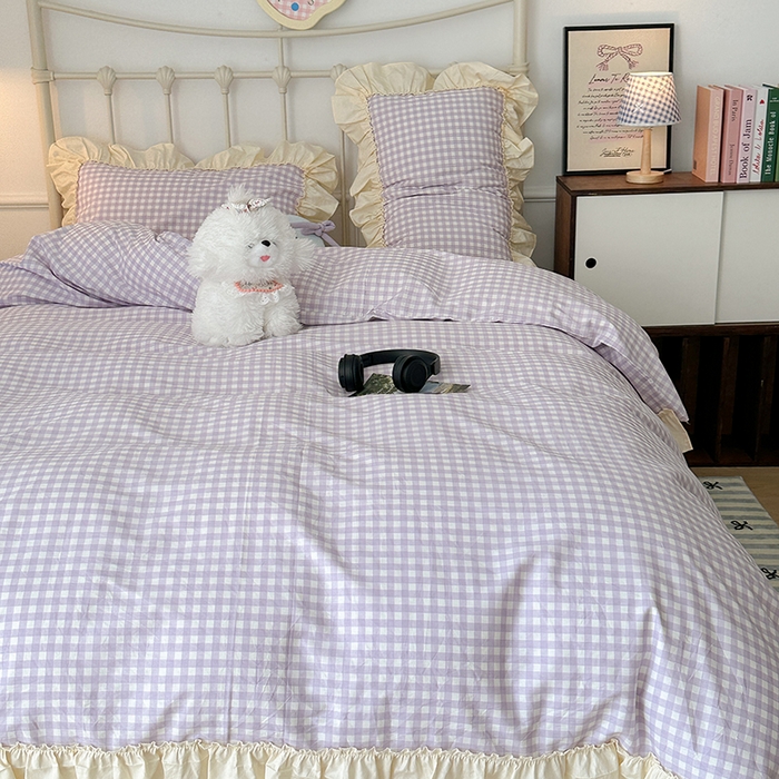 91家纺网 家纺一手货源 找家纺 2024新款花边奶油格子全棉混搭款四件套 香芋紫格