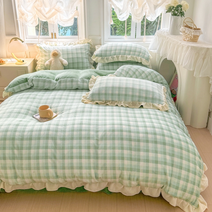 91家纺网 家纺一手货源 找家纺 2024新款高克重韩版牛奶绒四件套-奶油格子系列 奶油绿格